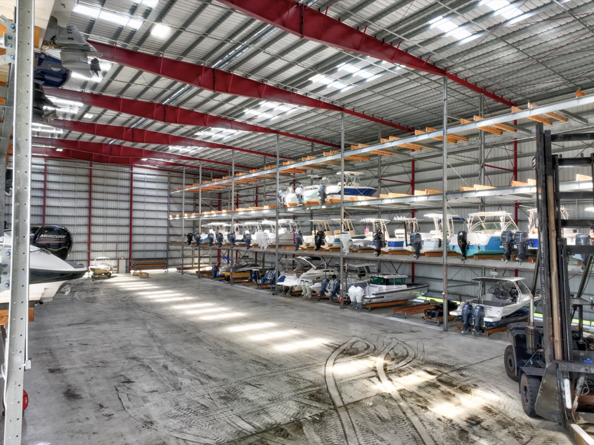 Private dry-rack boat storage facility with marina access at Marina Del Palma